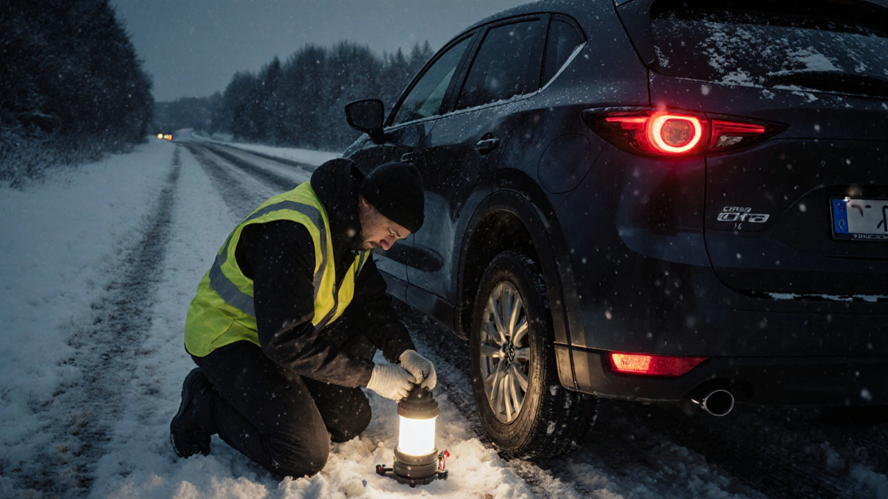 Osoba mění pneumatiku na zasněžené silnici v Česku s použitím nářadí z auta a malého světla.