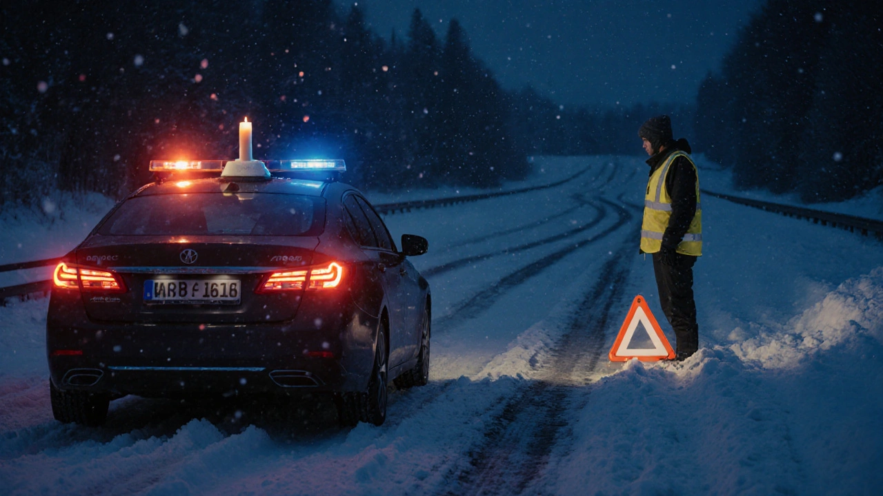 Osoba v reflexní vestě umisťuje varovný trojúhelník na zasněženou silnici v noci.