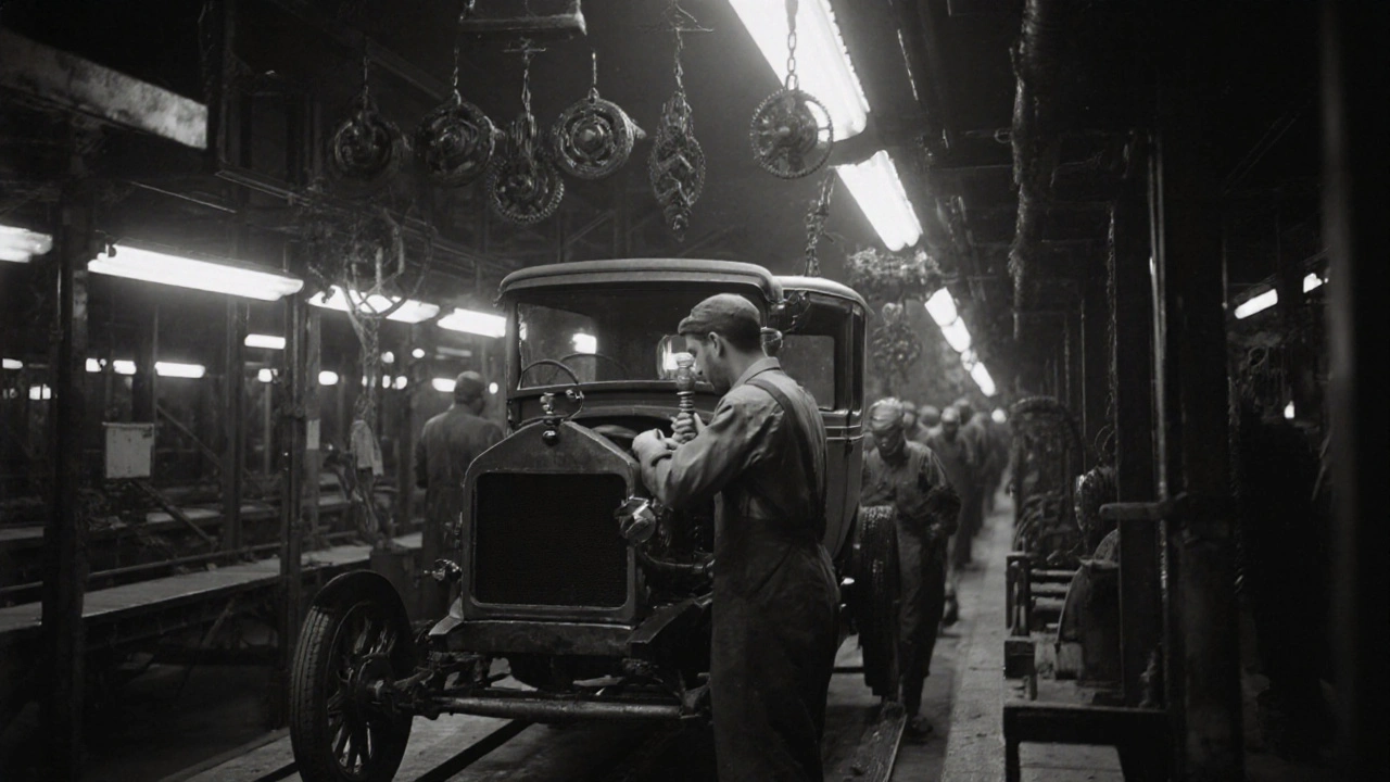 Pohyblivý výrobní řetěz v továrně Ford v roce 1913, dělníci na práci.