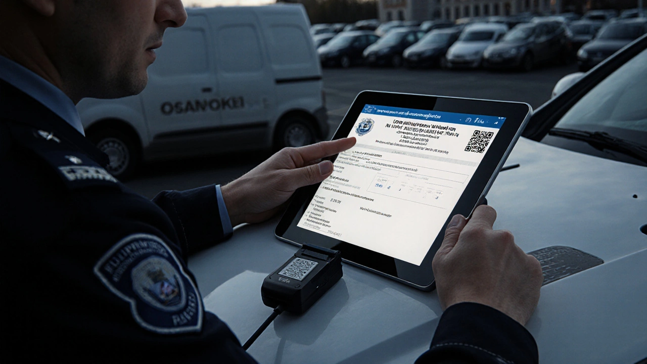 Policista ukazuje na obrazovce výsledek kontroly VIN v registru vozidel.