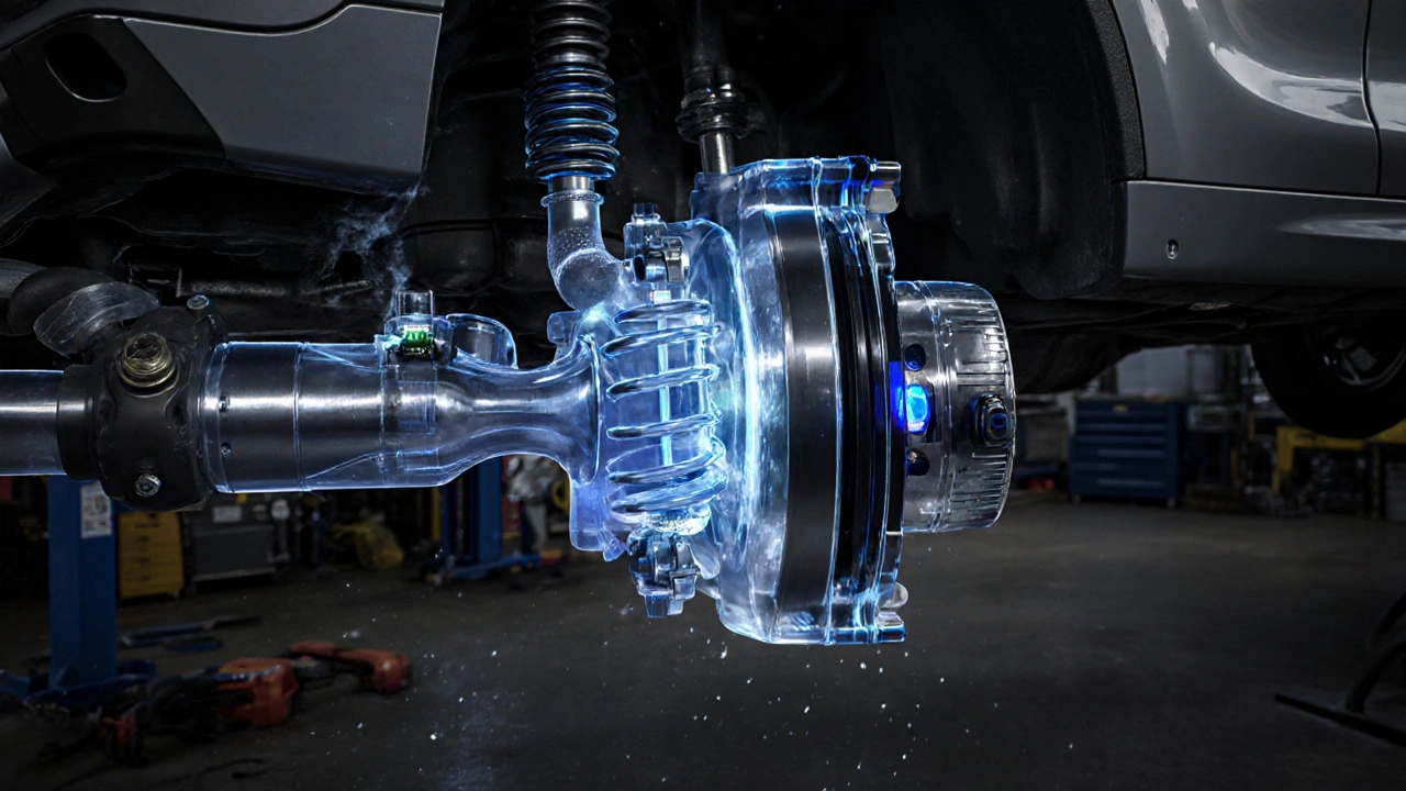 Přehledný řez zadní nápravy BMW s vzduchovými pružinami a kompresorem.