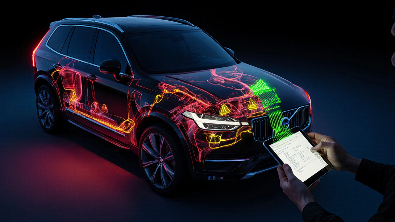 Průhledná Volvo XC90 s viditelnými systémy a varovnými signály, symbolizujícími diagnostiku a předčasné odhalení závady.