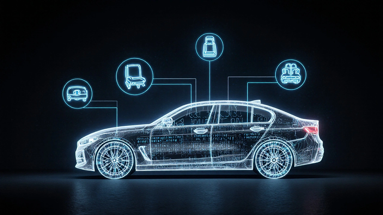 Průhledné BMW s digitálními kódy a ikonami výbavy jako holografický náčrt nad vozem.