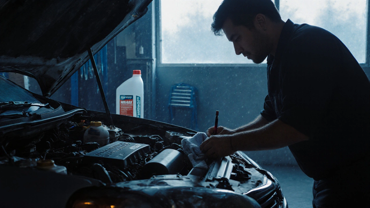 Řidič kontroluje hladinu motorového oleje v Toyota Corolla.