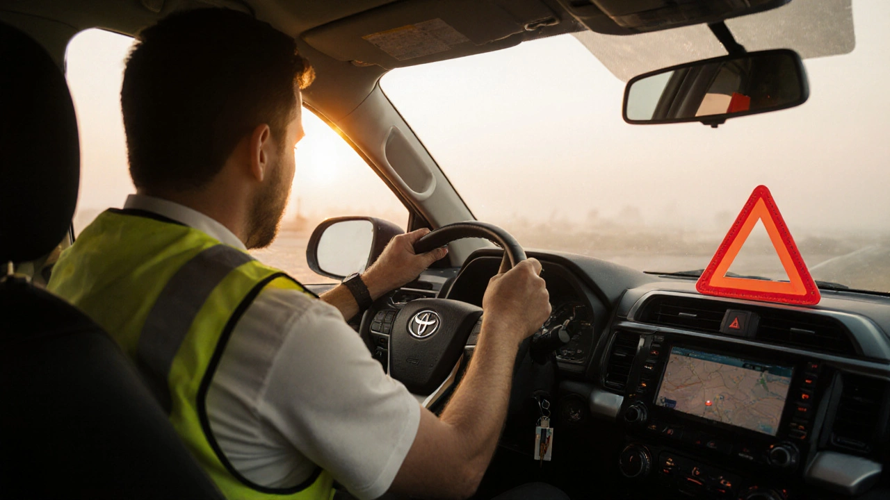 Řidič upravuje zrcátka v Toyota s bezpečnostní vestou a vypnutými kontrolkami.