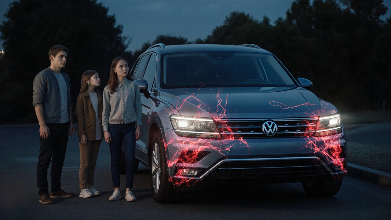 Rodina stojí u auta, zatímco skryté poškození je vidět jako průhledná překrývající se struktura.