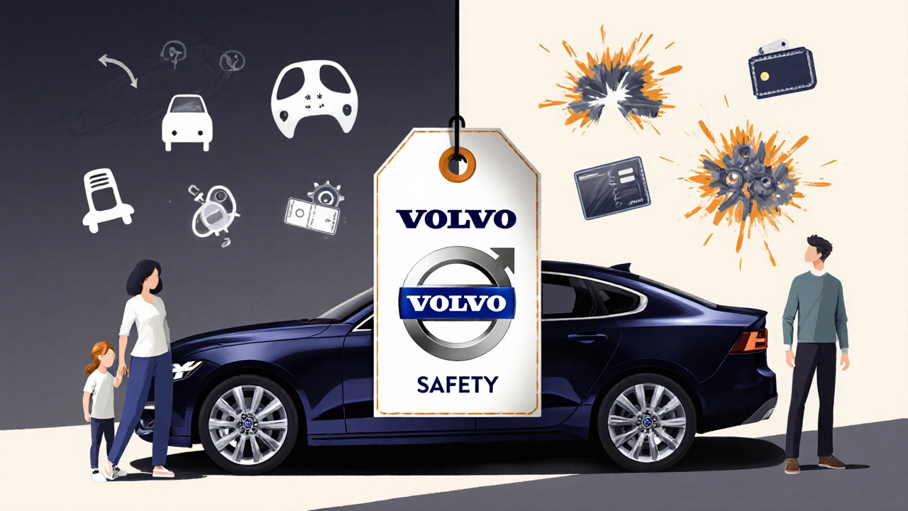 Rodina stojí u Volva s velkou cenovkou rozdělenou na bezpečnost a náklady.