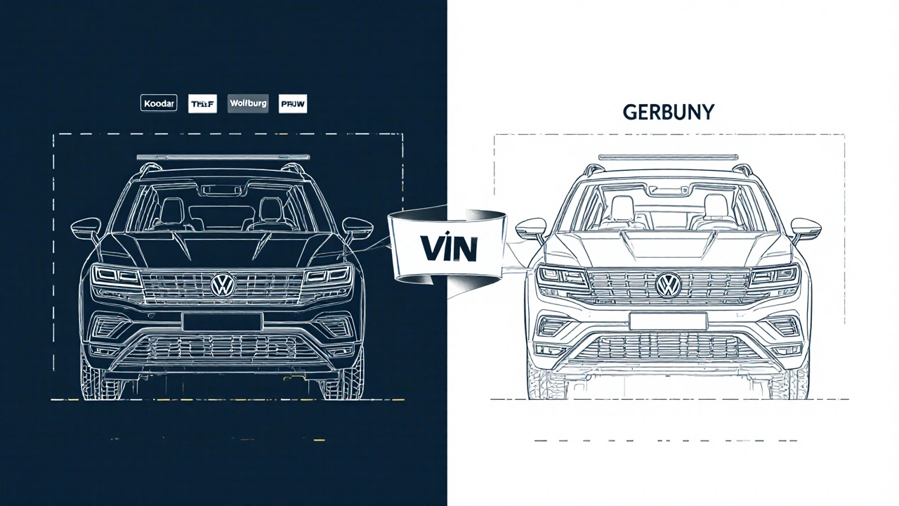 Rozdělený obrázek výroby Volkswagen T-Cross v České republice a Německu s VIN kódy TLF a WVW.