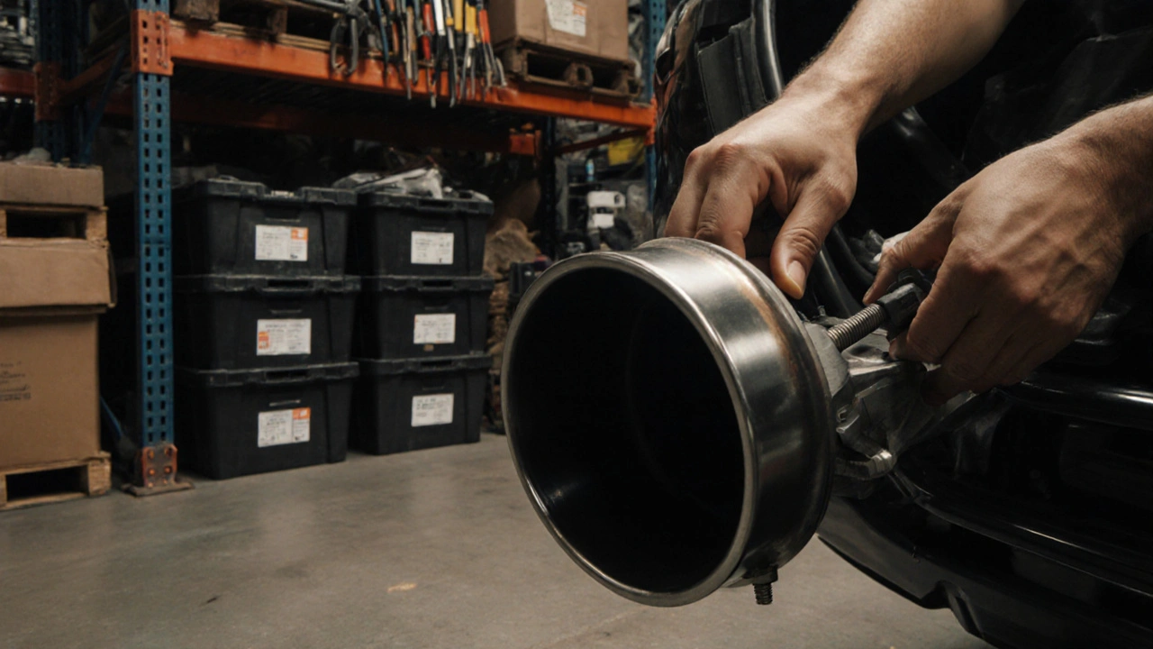 Ruce odmontovávají AdBlue modul z BMW F10 v dílně s náhradními díly.