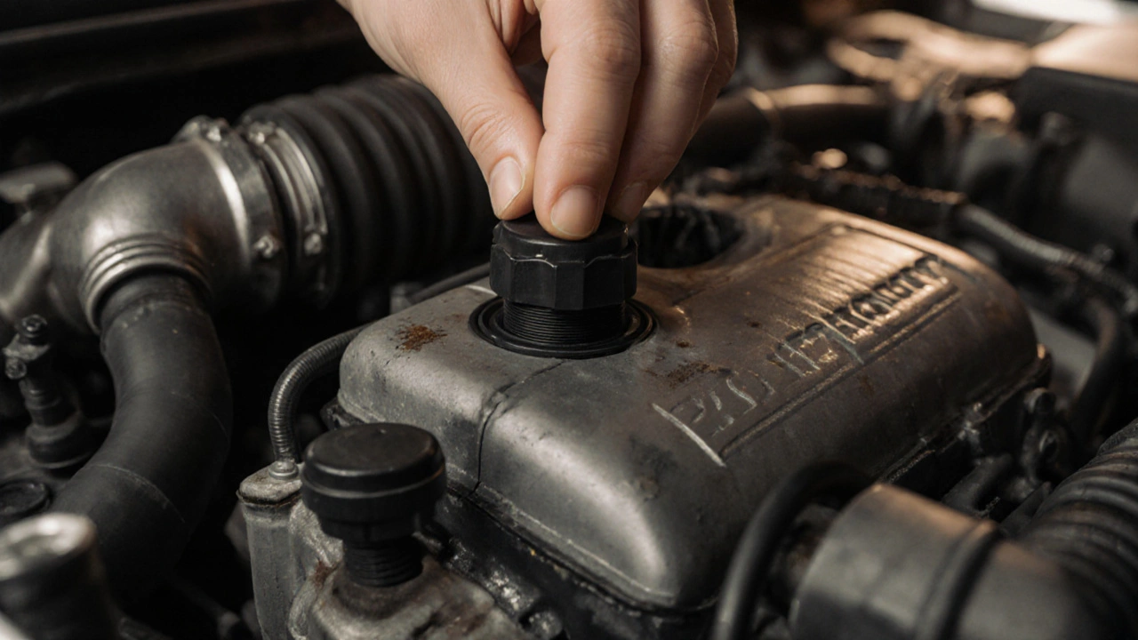 Ruka otáčí černým víčkem oleje u Toyota Auris, pozadí s motorem a odstraněným krytem.