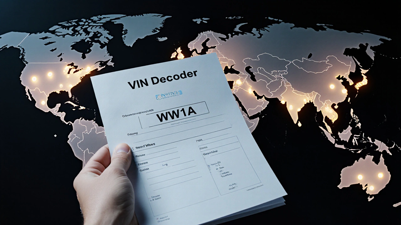 Rukou držený tisk VIN přehledu s mapou světa označující výrobní místa Volkswagenu.