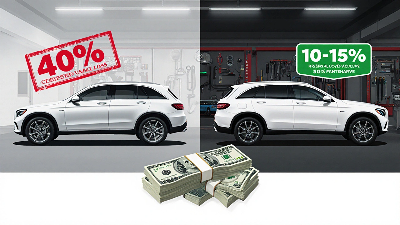 Srovnání nového a použitého Mercedesu s vyznačenými náklady na amortizaci a údržbu.