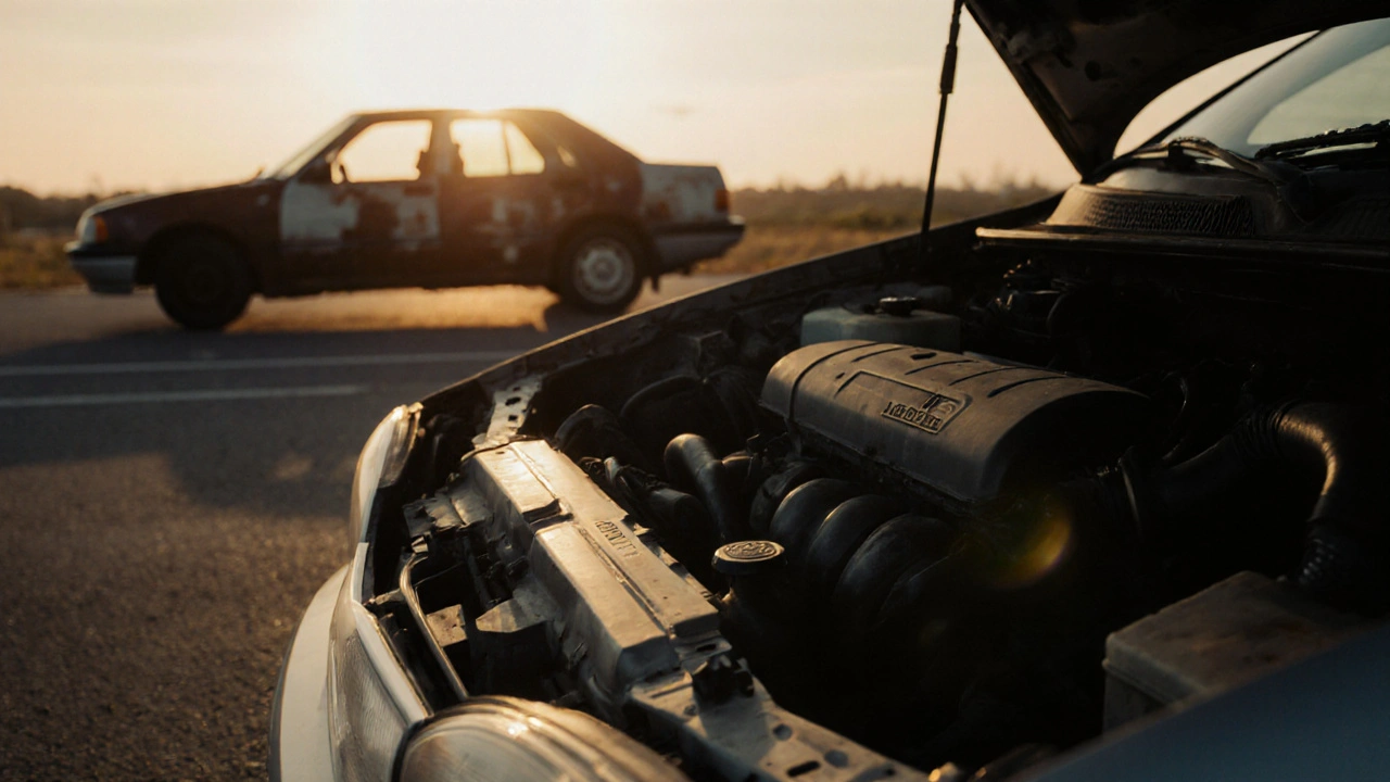 Staré auto s vysokým nájezdem vlevo, staré auto s nízkým nájezdem v pozadí, sluneční západ.