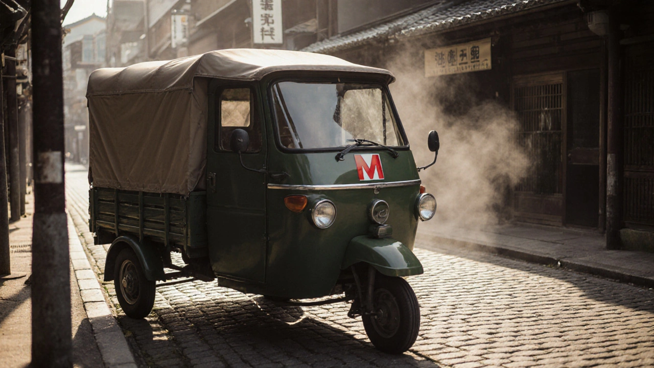 Starý tříkolový nákladní vůz s červeným M na kapotě v Hirošimě v roce 1930.