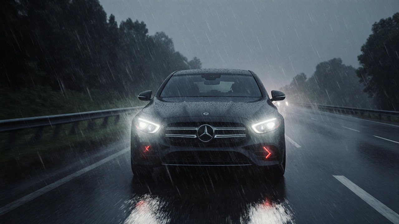 Systém PRE-SAFE v akci: pásy se napínají a okna se zavírají v dešti.