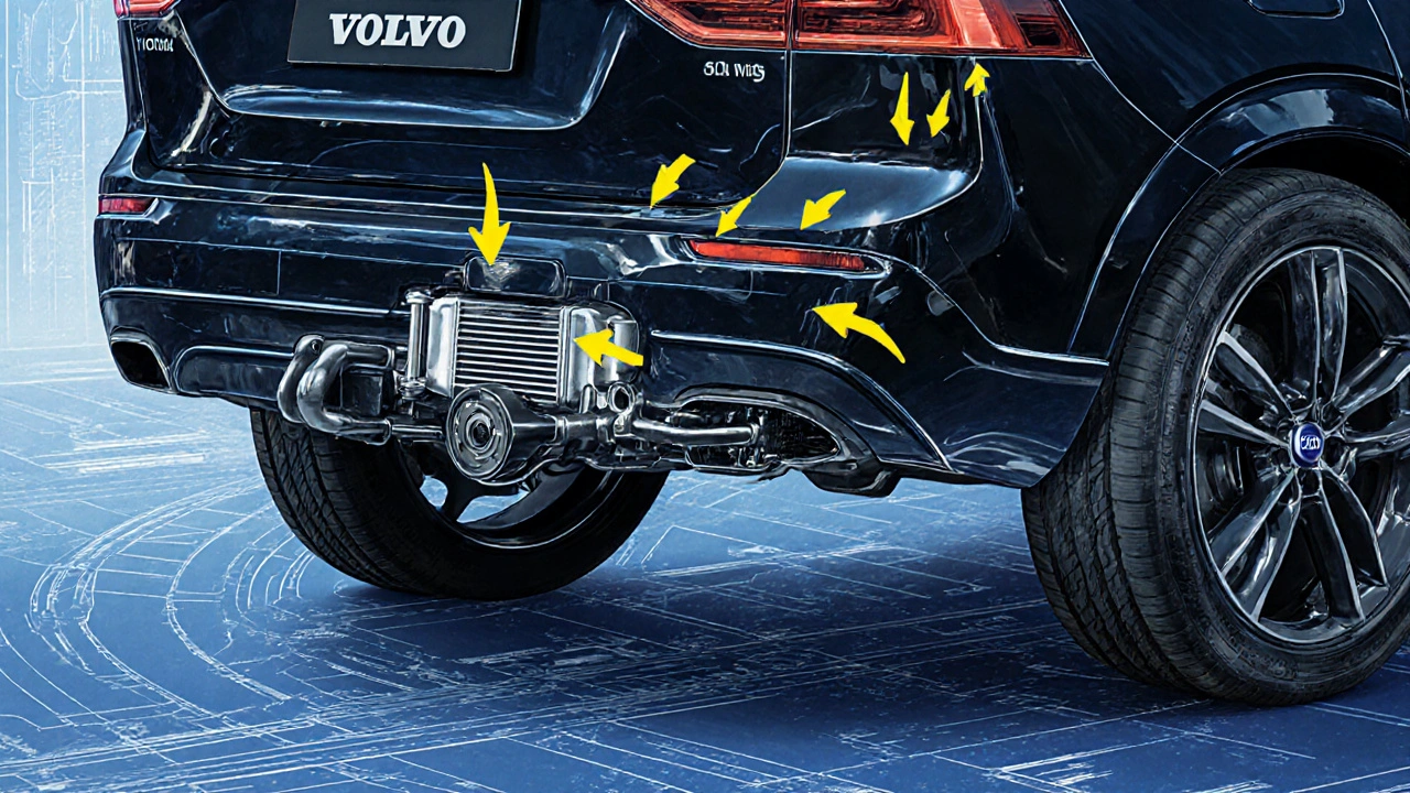 Technický náčrt podvozku Volvo XC60 s vyznačenými komponentami přívěsového balíčku.