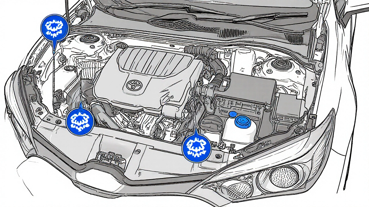 Technický nákres motorového prostoru Auris s označeným víčkem oleje a odlišením od nádrže na chlazení.