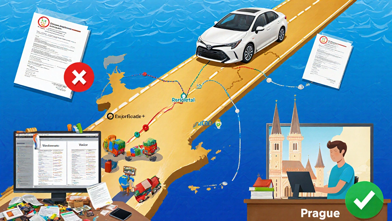 Toyota Corolla on route from Venice to Prague with key documents floating above the path