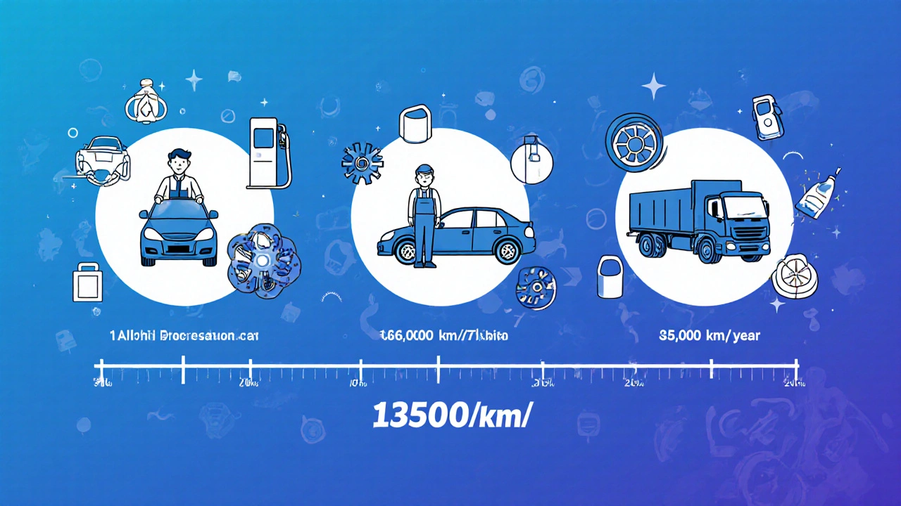 Tři typy řidičů s různými ročními nájezdy a příslušnými symboly auta, paliva a opotřebení.