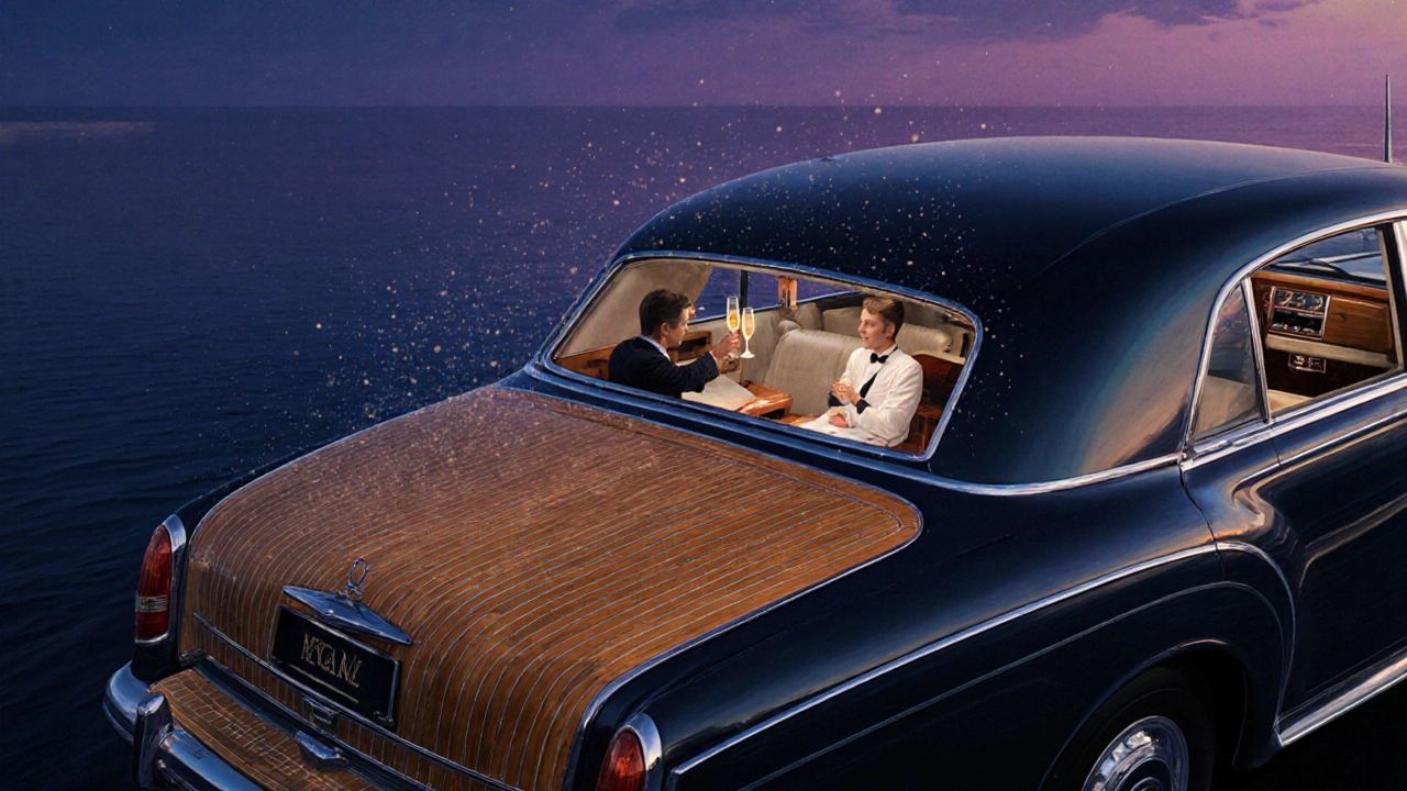 Umělecká ilustrace Boat Tailu s otevřenou zádí jako luxusním venkovním prostorem, s křišťálovými sklenicemi a dřevěnými židlemi.