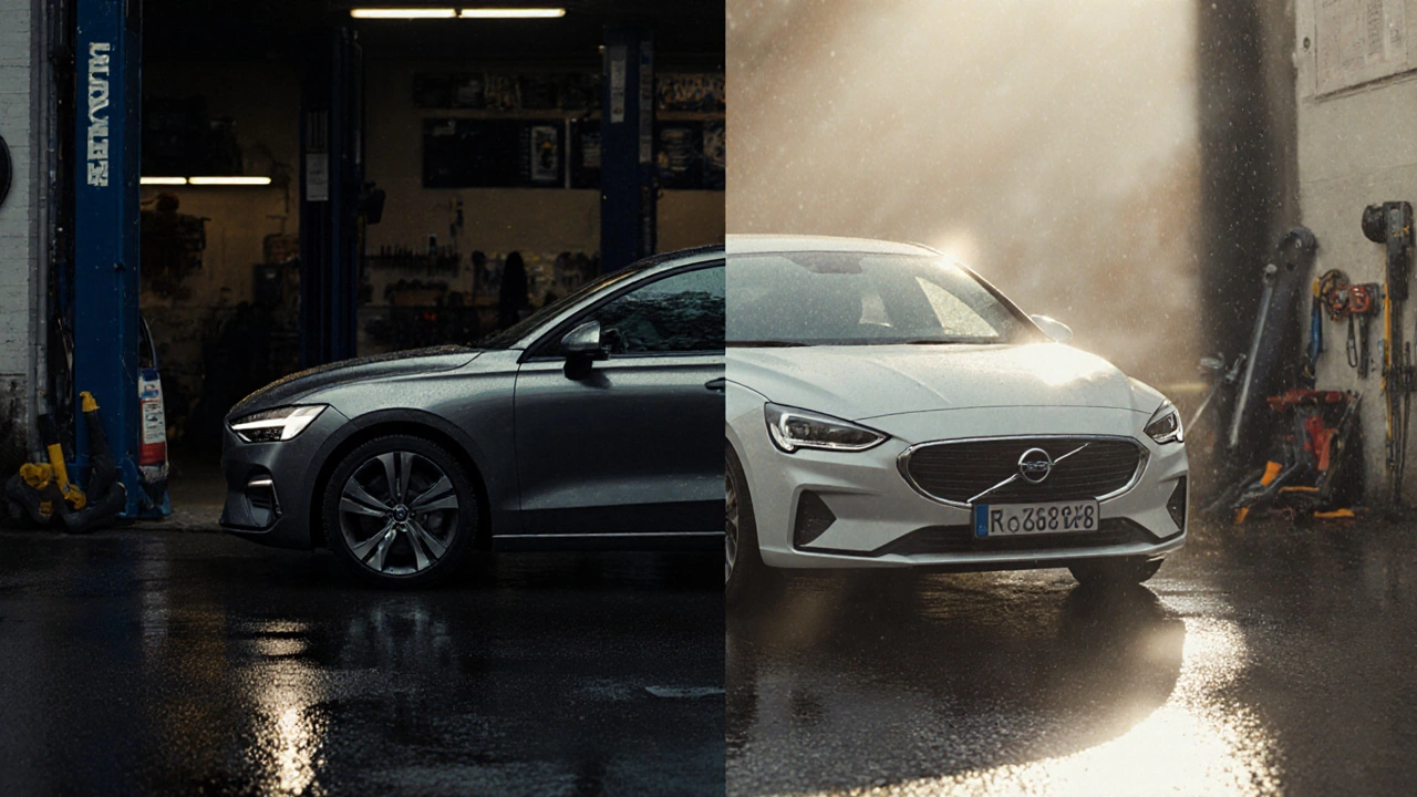 Volvo a Opel Astra na dešťové silnici – jedno značí náklady, druhé praktičnost.