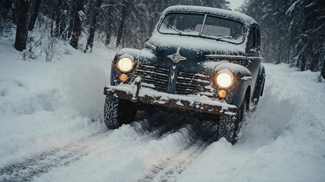 Volvo PV 444 jede po sněžné švédské silnici v zimě.