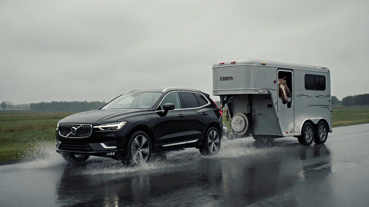 Volvo XC60 brzdí s přívěsem pro koně na mokré silnici, aktivní stabilizace.