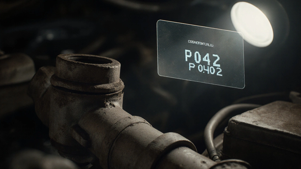 Znečištěný EGR ventil v motorovém prostoru dieselového Volvo s diagnostickým kódem P0402 na obrazovce.