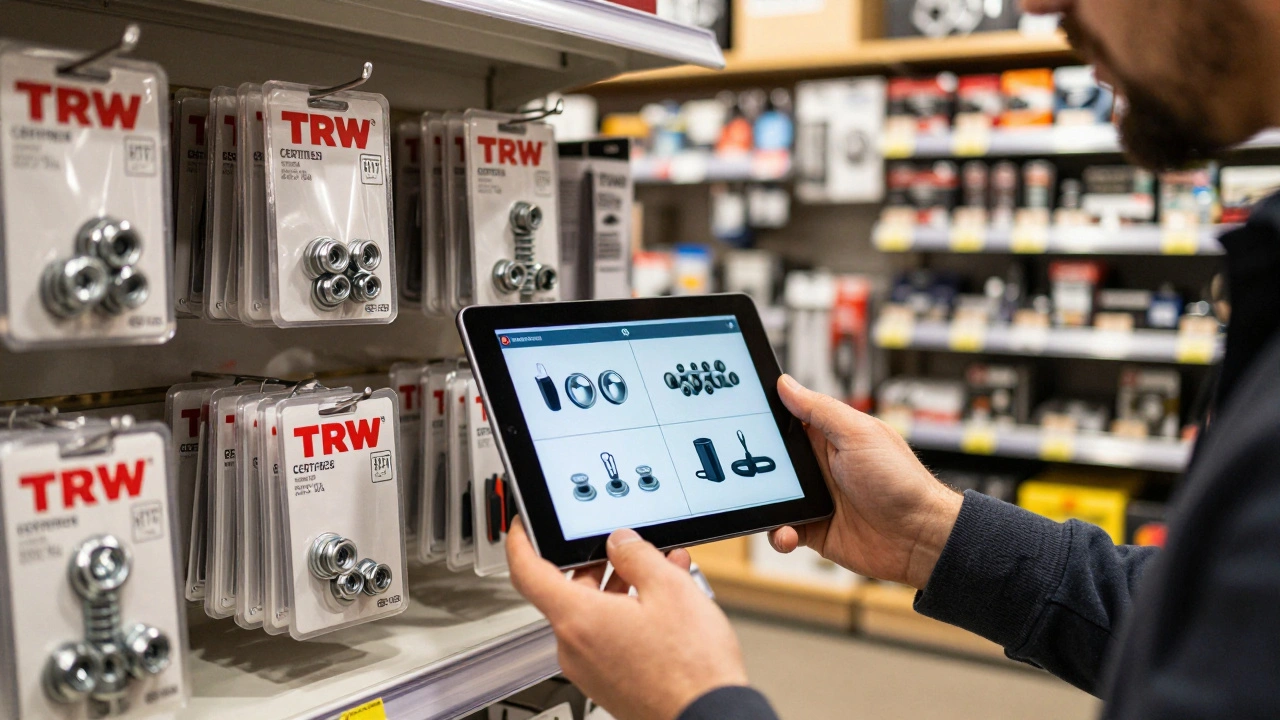 Customer comparing certified wheel nuts with product details on a tablet in an auto parts store.