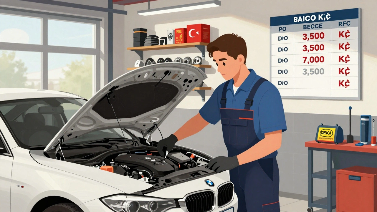 Czech mechanic servicing BMW in independent garage with DEKRA certification visible.