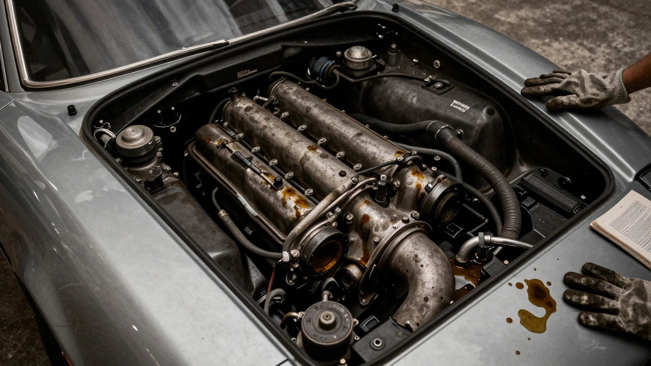 Detail motoru Ferrari 308 s olejovými skvrnami a servisní knížkou na pozadí v garáži.