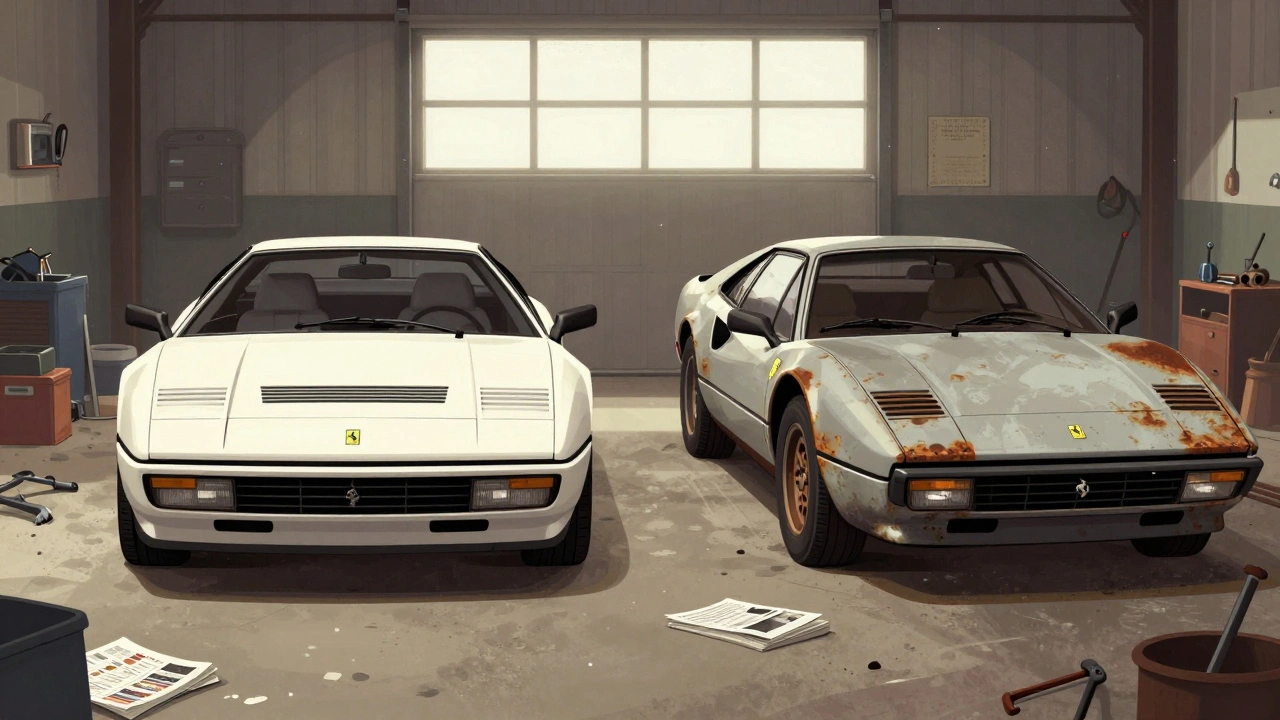 Dva staré Ferrari – Mondial T a 308 – vedle sebe v garáži, jedno v dobrém, druhé v poškozeném stavu.