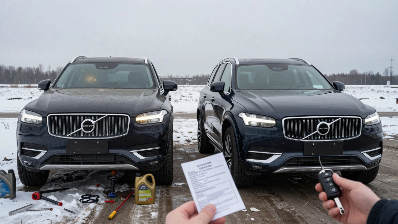 Dva Volvo XC90 vedle sebe: jeden zanedbaný, druhý pečlivě servisovaný — symbolizující rozdíl v péči o auto.