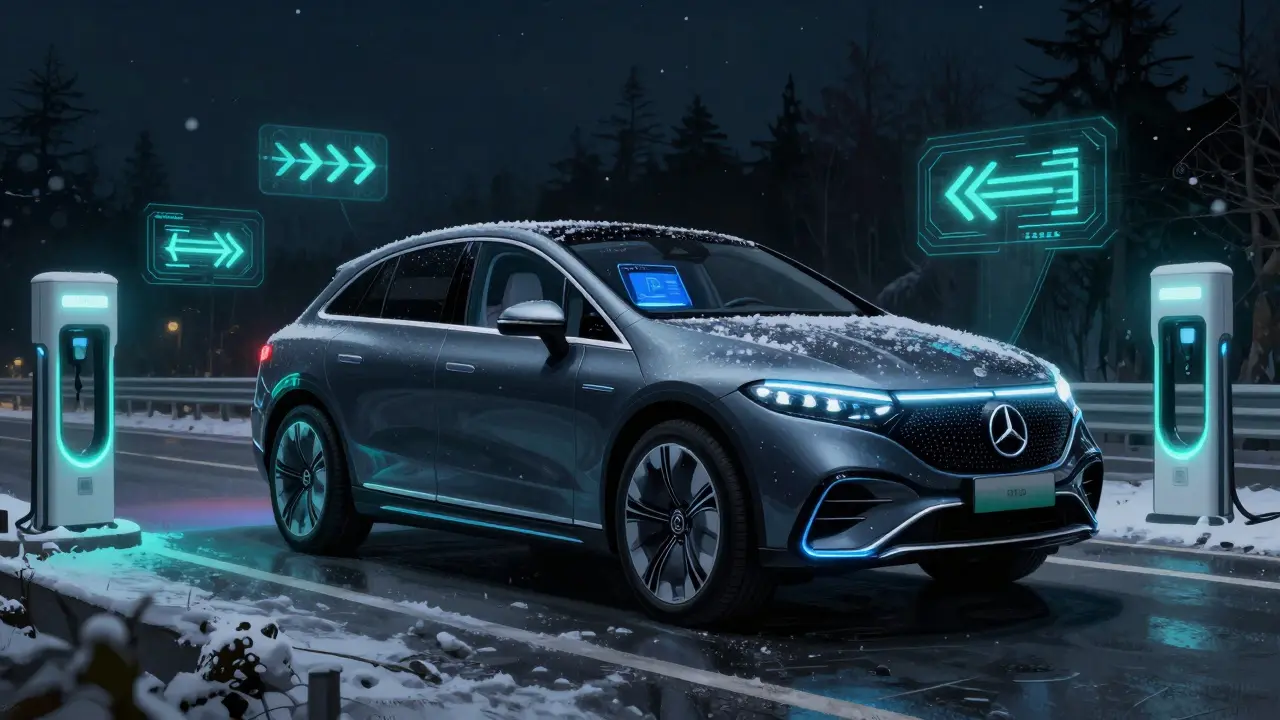Elektromobil EQS SUV plave nad sněženou dálnicí v noci s holografickými navigačními značkami.