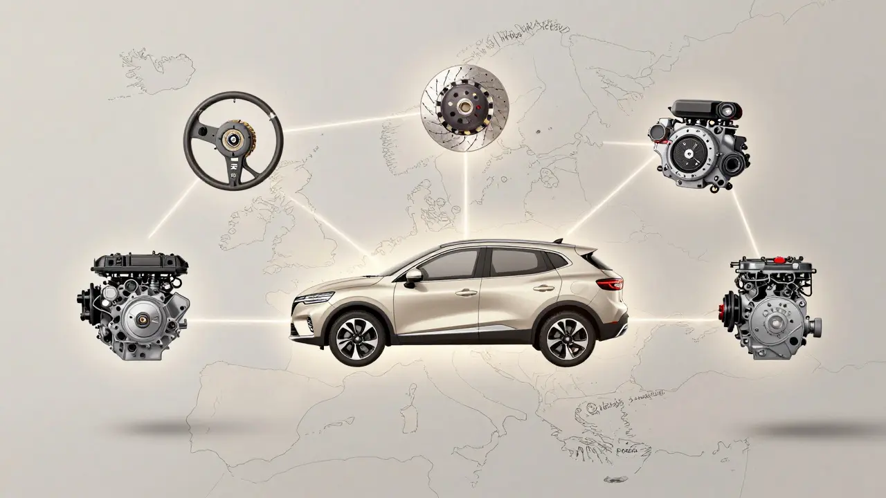 Koncepční obrázek evropské dodavatelské řetězce pro Renault Kadjar s díly z Německa a Česka.