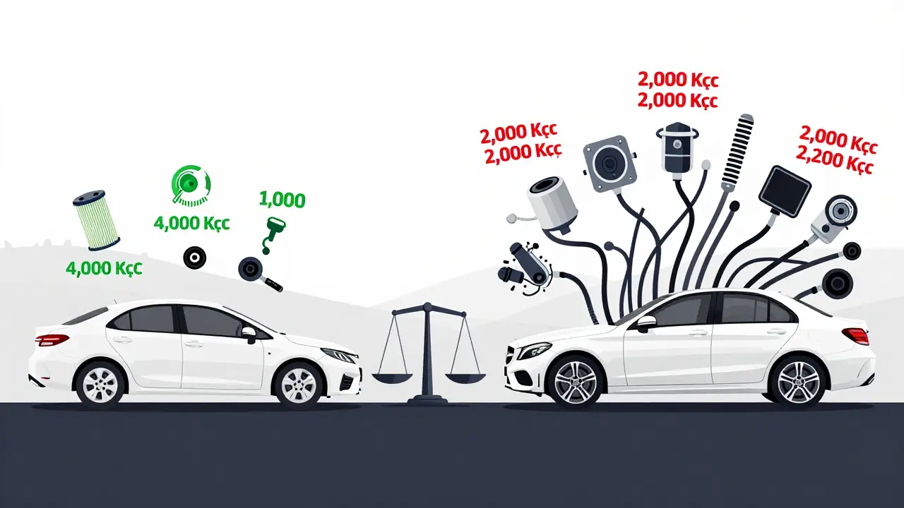 Konceptuální obrázek srovnávající náklady na opravy: levné díly Toyoty proti složitým a drahým dílům Mercedesu.