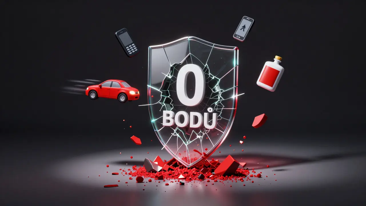 Křehký štít s nápisem '0 BODŮ' praská pod tlakem dopravních přestupků.