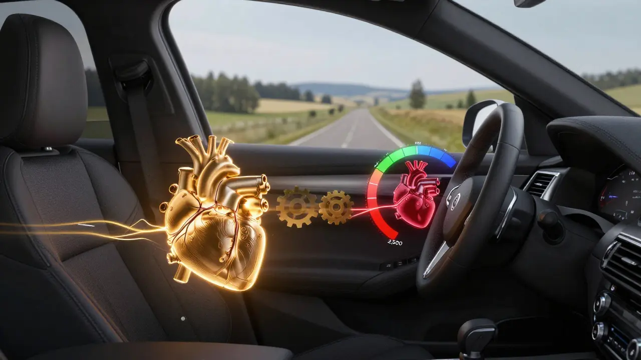 Mechanická ilustrace motoru a převodovky s barevně označenými otáčkami a přepínáním rychlostí.