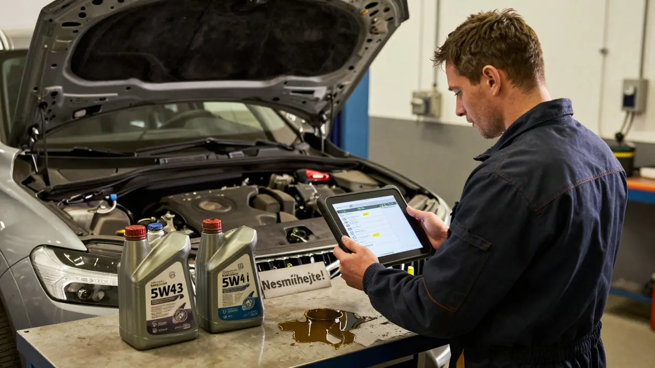 Mechanik s diagnostickým tabletem u Volvy s upozorněním na viskozitu oleje.