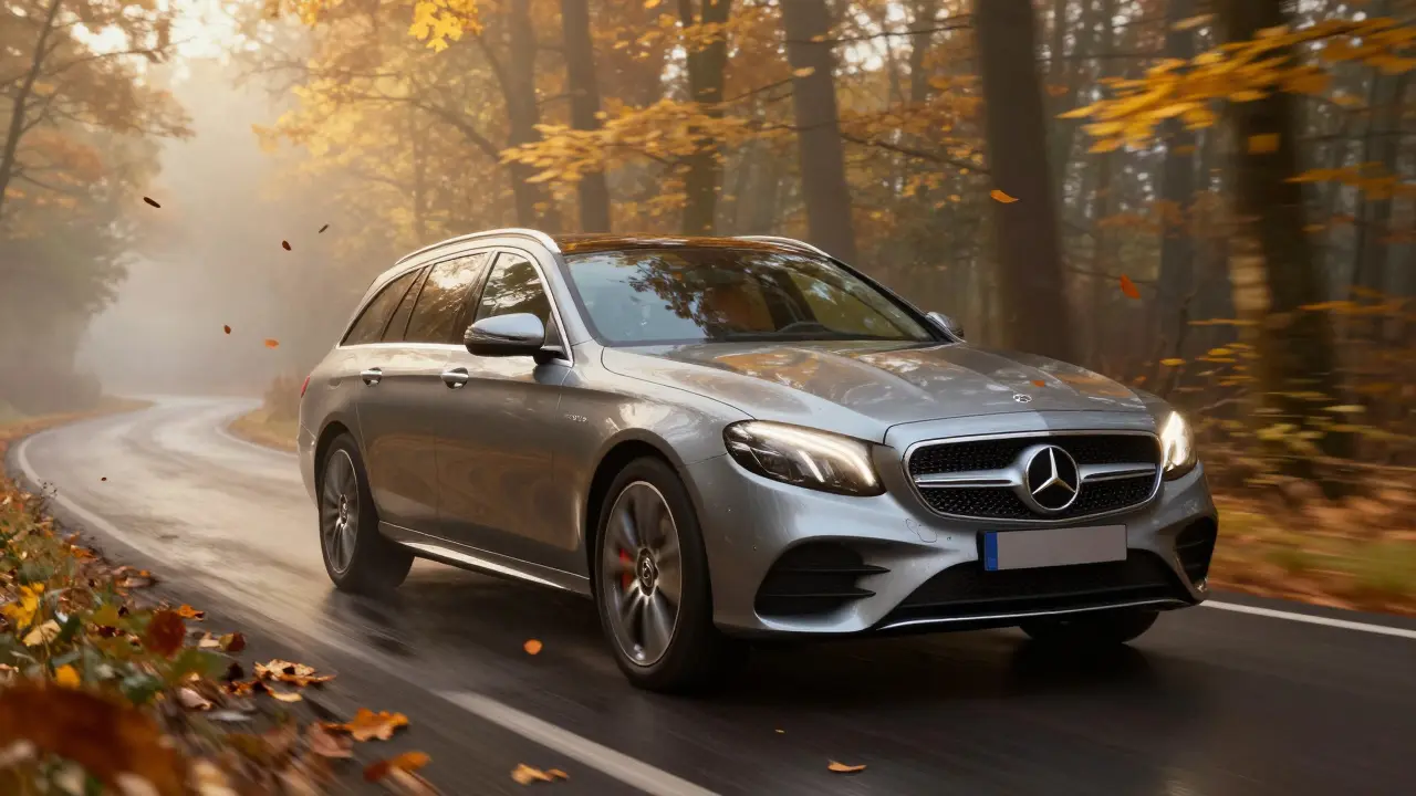 Mercedes E-Class Estate jede lesní cestou v podzimní mlze, zlaté listy a 4MATIC kola.