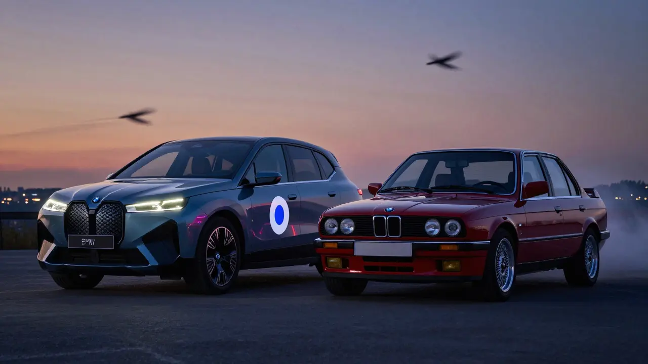 Moderní elektrický BMW iX a klasický E30 M3 stojí vedle sebe, jejich logo odrazuje světlo, symbolizující historii značky.