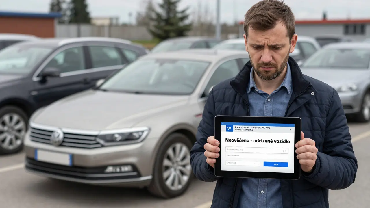 Muž kontrolyuje historii auta podle VIN kódu na tabletu v autosalónu s varováním o odcizení.