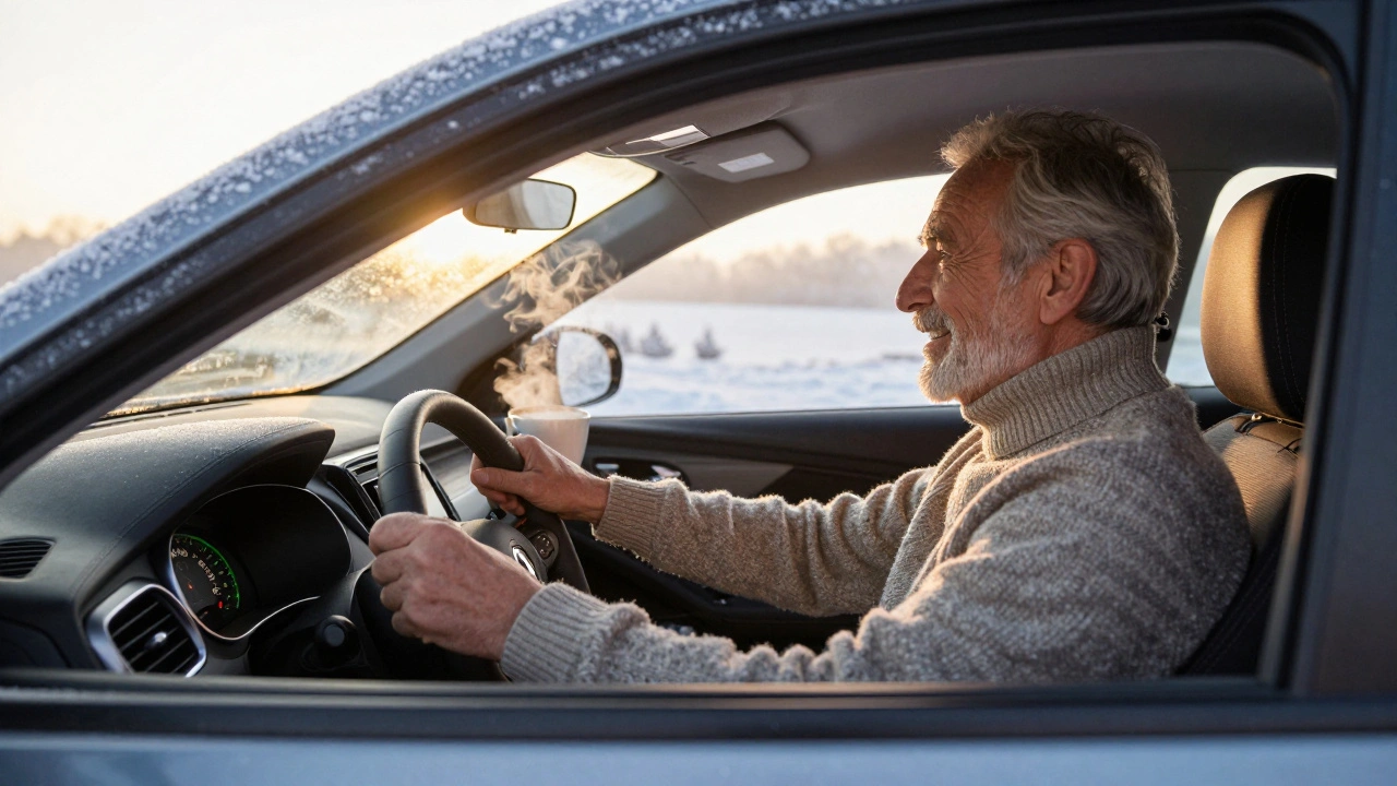 Muž startuje Renault Arkana bez spojky na zimním ránu s kávou na sedadle.