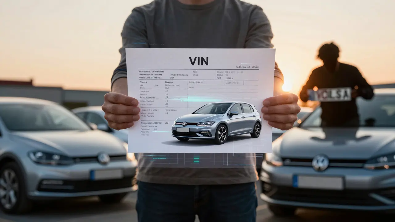 Person holding VIN report beside Volkswagen car with digital specs floating above, shadowy figure hiding damaged plate.
