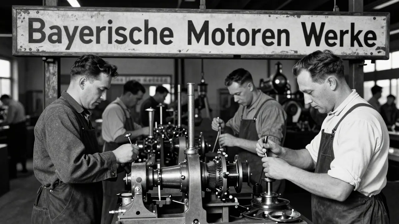 Pracovníci v továrně v Mnichově roku 1916 montují letadlové motory.