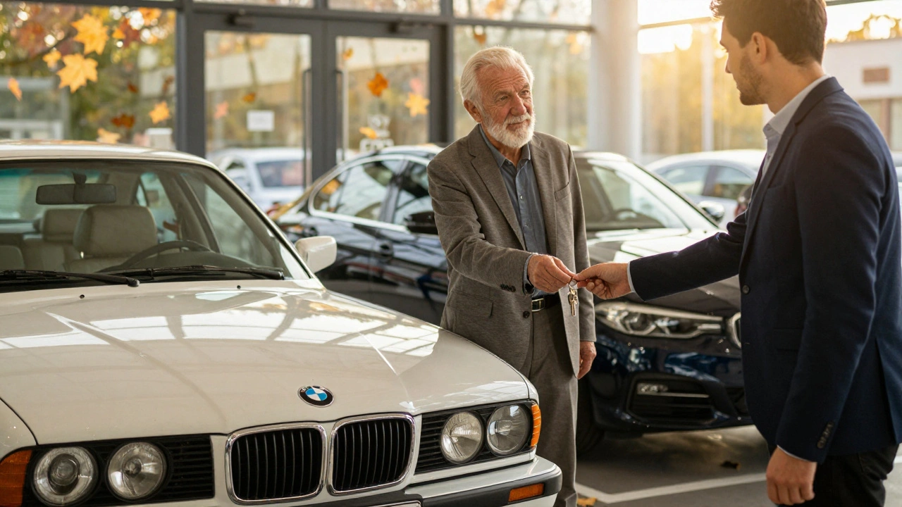 Předání klíčů od starého BMW novému vlastníkovi v specializovaném autosalonu při záři západu slunce.