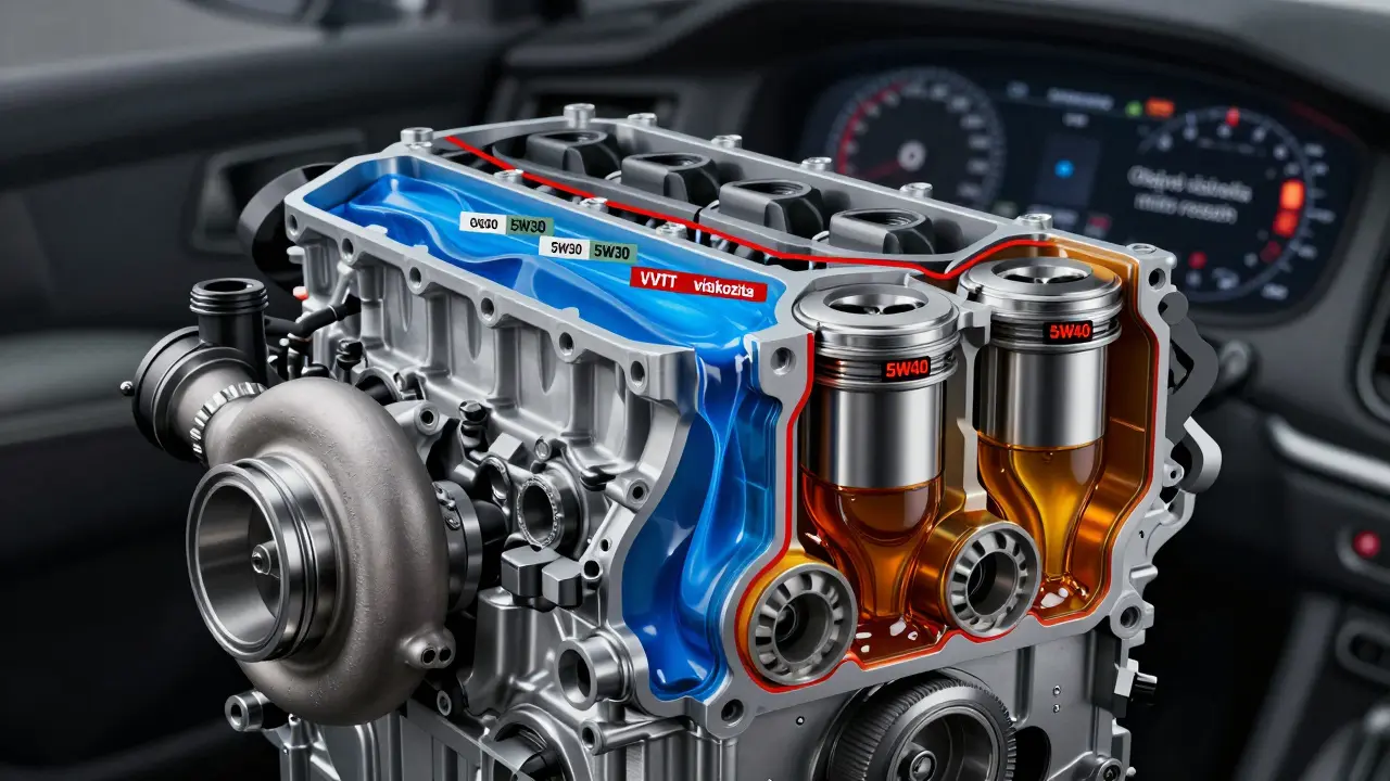 Průřez motoru Volvy s rozdílnými viskozitami oleje a varovnými čarami.