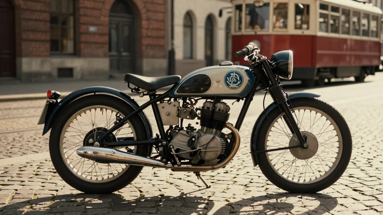 První motocykl BMW R32 z roku 1923 s klasickým modro-bílým logem na nádrži, stojící na městské ulici.