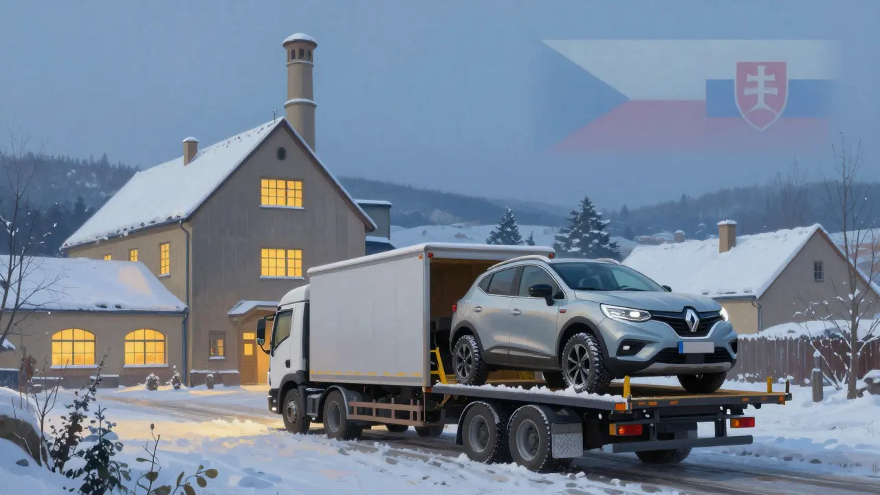 Renault Kadjar s zimními pneumatikami na nákladním autě ze Slovenska v zimním prostředí.