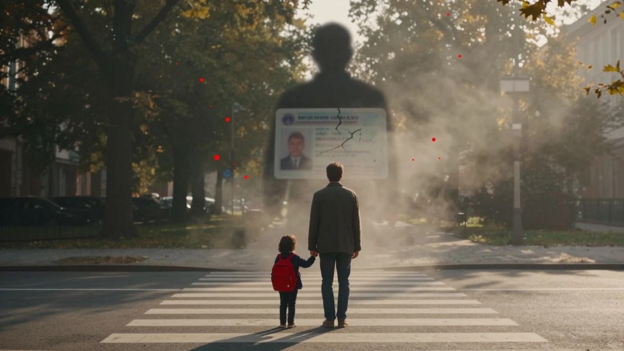 Řidič stojí na přechodu s dítětem, zatímco jeho starší já se rozpadá v prachu.